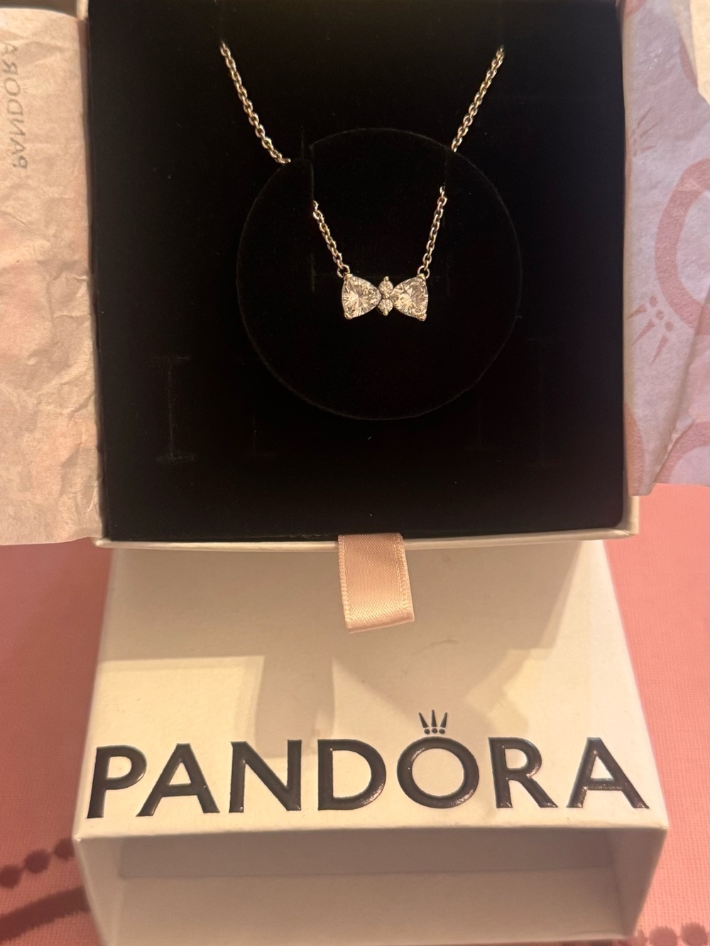 Pandora Silver Bow Necklace with Clear Stones